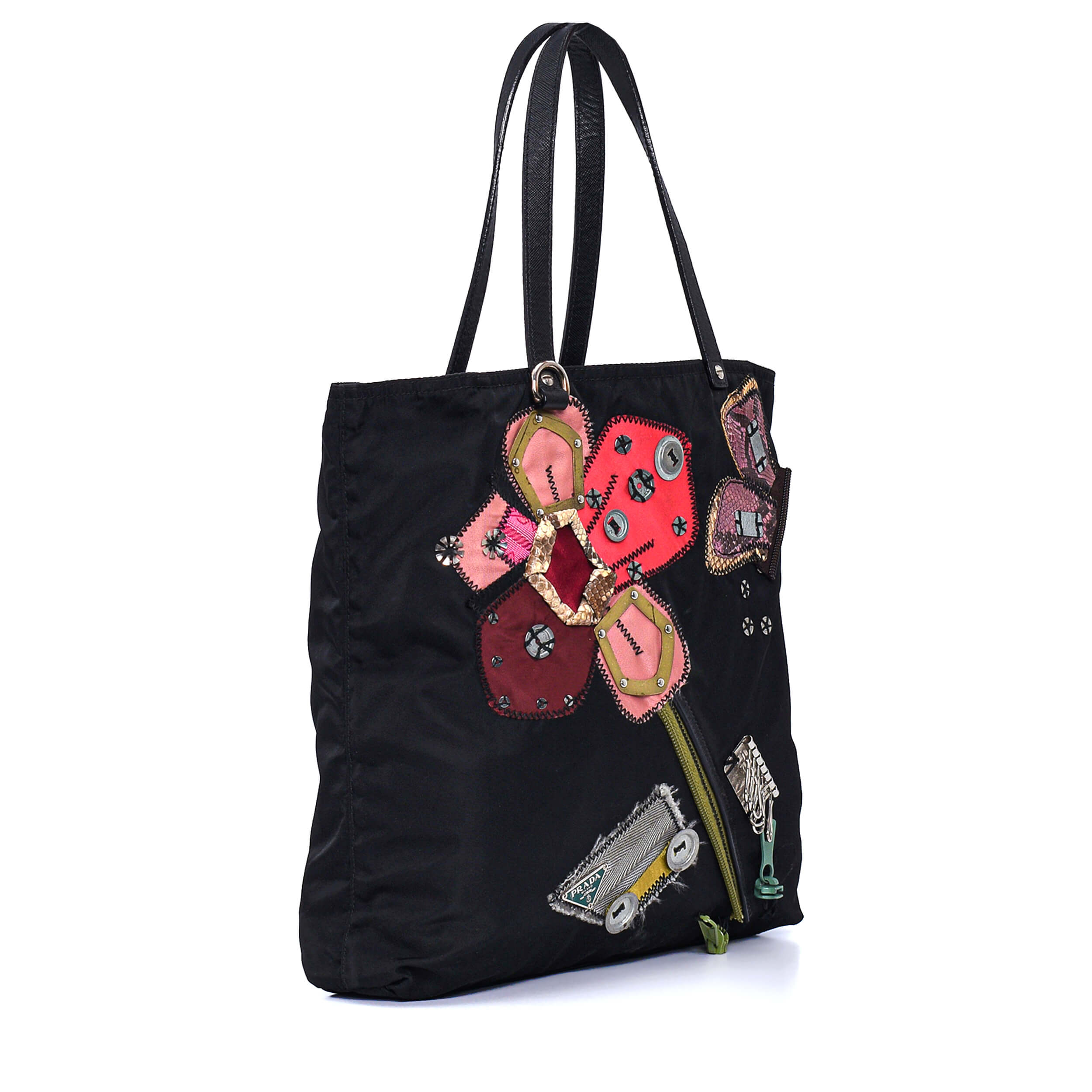 Prada - Black&Floral Patchwork Nylon Small Tote Bag